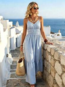 SHEIN Holidaya Women's Spaghetti Strap Ruched Elastic Waist Blue And White Stripe Dress,Summer Boho Beach Vacation Holiday Holiday,Elegant Casual Dress - Blue - View 5