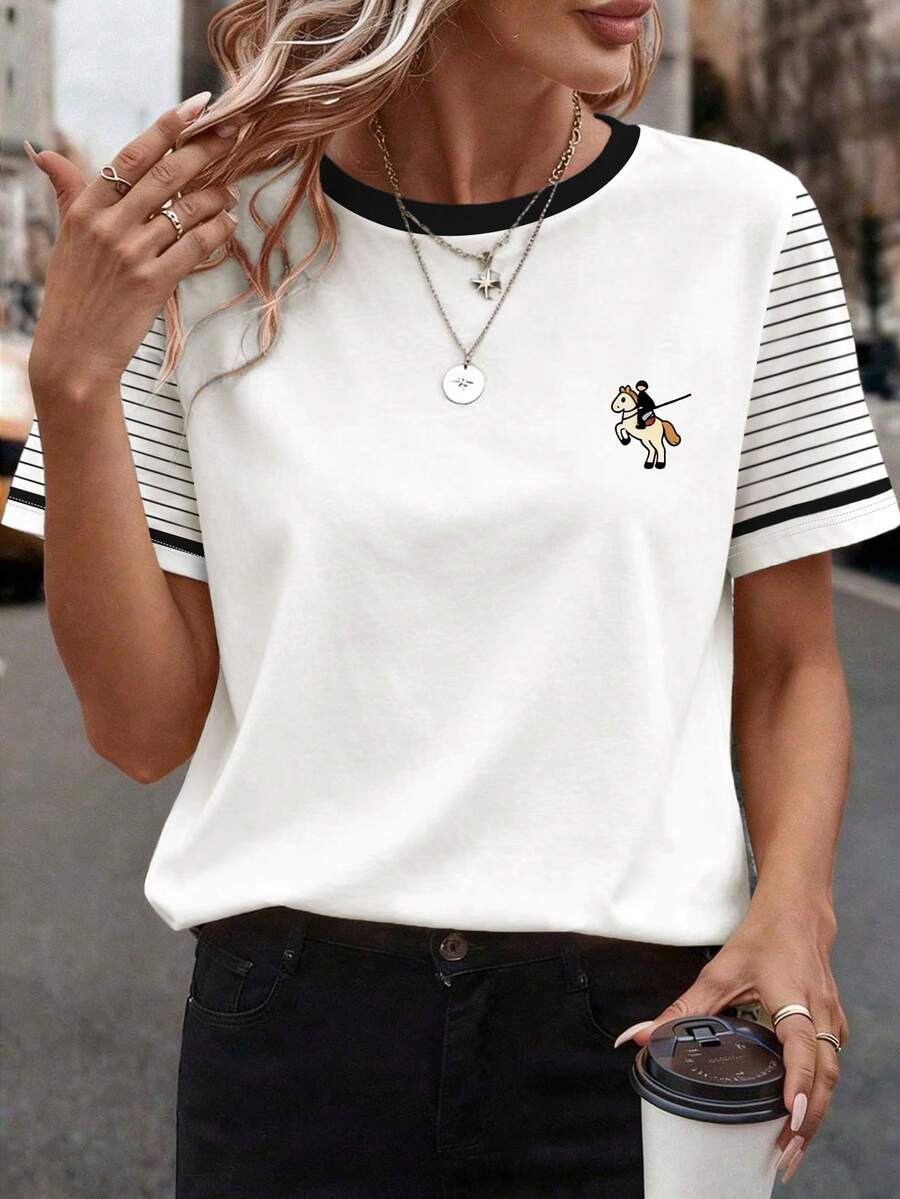 EMERY ROSE Women's Knight Print Round Neck Short Sleeve Casual Striped T-Shirt - White - View 1