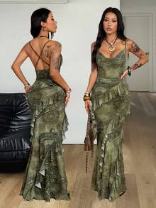 Coolane Đầm dài nữ mùa hè phong cách đồng quê, hội chợ thời Phục Hưng, boho hippie, dệt kim hoa, xếp nếp, màu xanh lá cây, ôm sát, hở lưng. - xanh quân đội - Xem 5