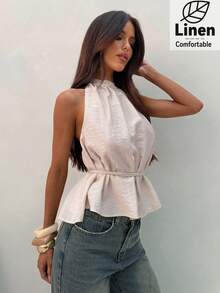Aloruh Women's Elegant Tie-Up Halter Backless Linen Solid Color Vacation Blouse,Summer Top - Apricot - View 1