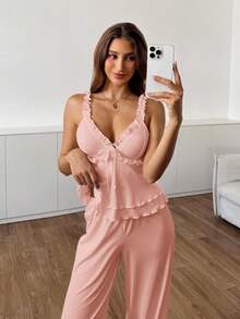 Aloruh Bohemian Casual Ruffle Strap Pants Women Pajama Set - Pink - View 4
