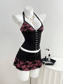 Elamini 女士两件套：蕾丝拼接V领吊带背心，金属装饰钩扣，收腰设计，派对吊带背心和低腰迷你裙 - 黑色 - 查看 6