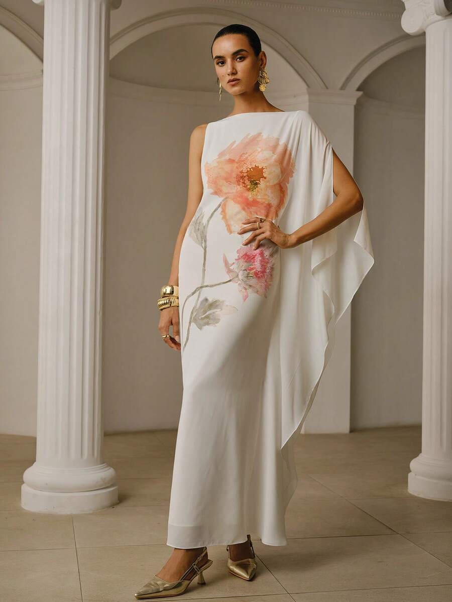 ZEYLAH VESTIDO LARGO DE AJUSTE CEÑIDO CON MANGA DE CAMPANA DE MURCIÉLAGO Y ESTAMPADO FLORAL - Blanco - Ver 1