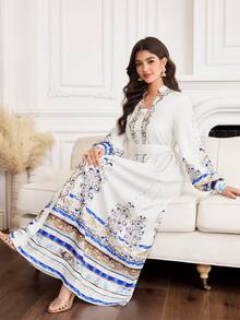 Yasmyna Women's Elegant Printed Long Sleeve Arabic Style Dress - White - View 7