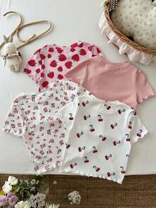 4pcs/Set Young Girl Knitted Solid & Ditsy Floral Round Neck Casual T-Shirts - Multicolor - View 2