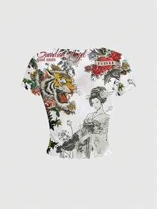 ROMWE Avant 新款中国风辣妹暗黑朋克音乐节性感透视短袖T恤（女款） - 白色 - 查看 2