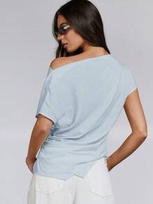 Athîral Blusa asimétrica de bloques de color para mujer, verano - Celeste - Ver 4