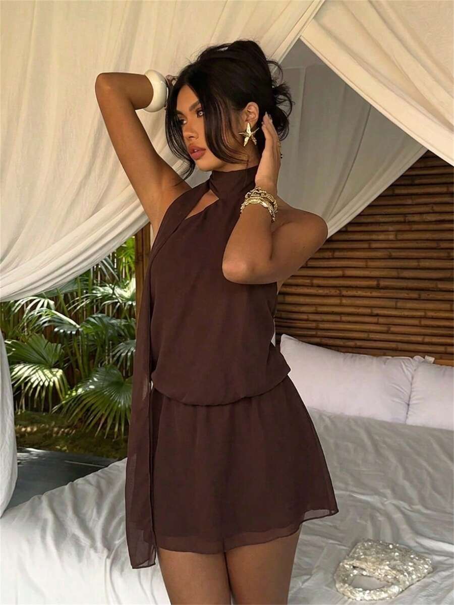 Aloruh Women's Elegant Neck Tie Waist Mini Dress - Brown - View 1