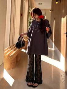 DAZY 女士时尚小众透视蕾丝拼接设计喇叭裤 - 黑色 - 查看 5