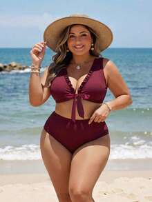 Swim Lushoire Plus Size Fashionable Sexy Casual Vacation Ruffle Deep V-Neck Tankini Swimwear - Burgundy - View 4