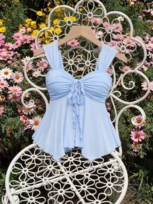 SHEIN MOD Plus Size Asymmetric Hem Mesh Blouse In Light Blue,Bow Tie Design,Summer Tropical Beach Holiday Outfit,Sweet Retro Style Top For Women - Baby Blue - View 10