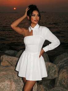 Swim SXY Solid Color Ruched Shoulder Fitted Ruffle Hem Dress - Brown - View 4