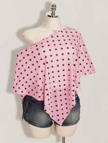 SHEIN ICON Áo kiểu lưới dáng lệch vạt in chấm bi thời trang dành cho nữ cỡ lớn - Hồng - Xem 7