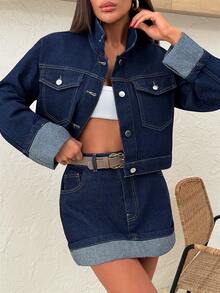 SHEIN Women Dark Blue Jacket & Folded Mini Skirt Denim Two Pieces Outfit Set - Dark Wash - View 4