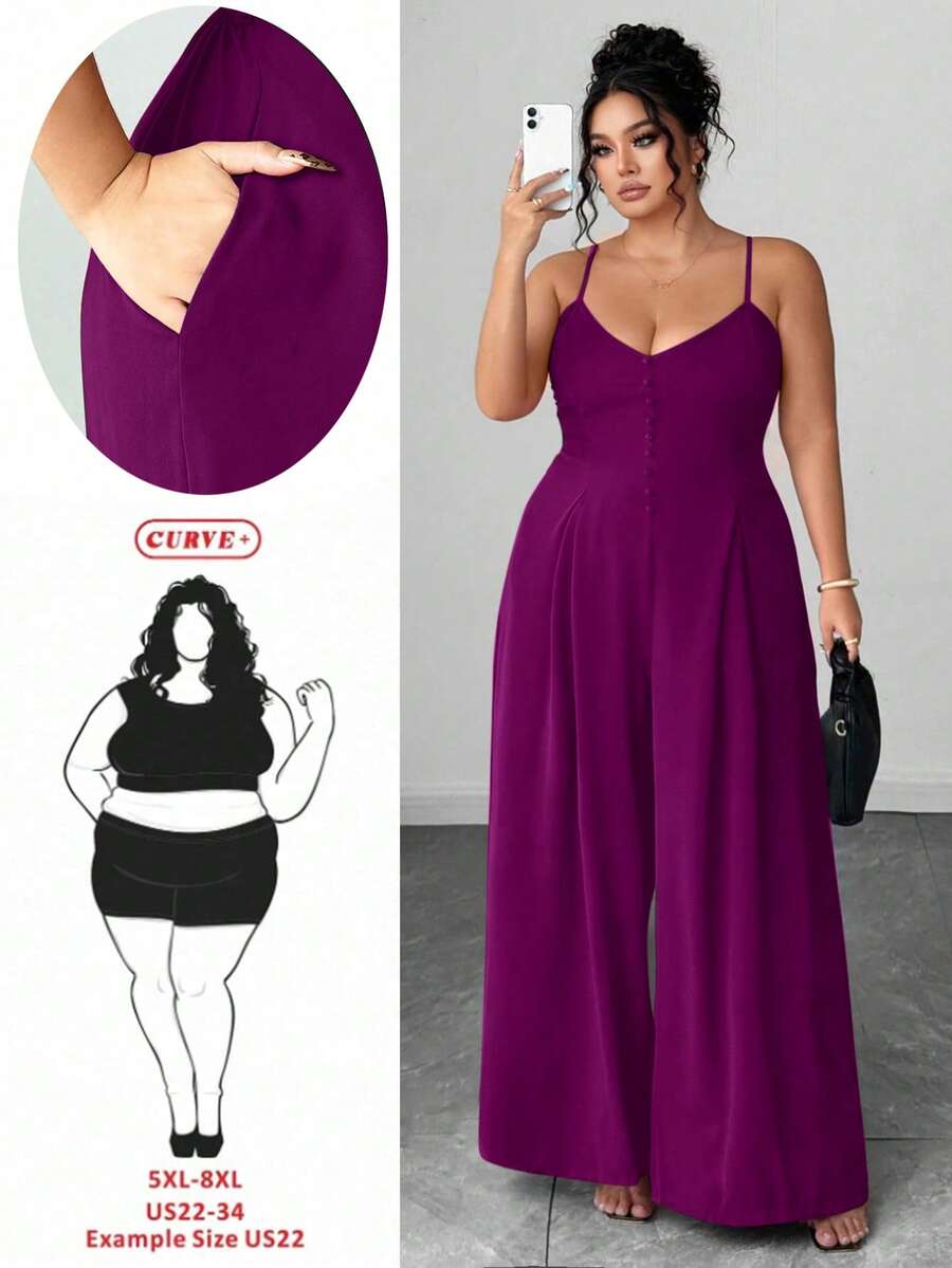 SHEIN CURVE+ 大码女士优雅褶裥腰部阔腿连体裤,春夏款 - 紫色 - 查看 1