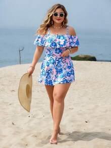 SHEIN Swim Lushore Plus Size Women 2pcs/Set Casual Fashion Holiday Random Print Spaghetti Strap Ruffle Off-Shoulder Waist Tie A-Line Split Swimsuit - Blue - View 5
