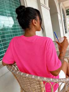 女士T恤，休闲街头风印花短袖T恤，可爱夏季上衣 - 玫紅色 - 查看 2