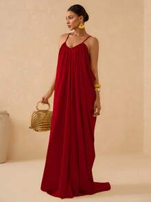 Vesra Spaghetti Strap Deep V-Neck Backless Pleated Dress With Draped Tail, Sexy & Elegant - Red - View 3