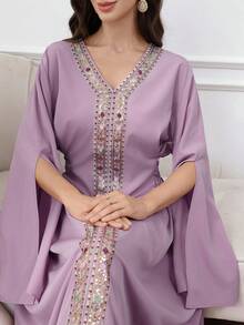 Al Najma Đầm nữ đính sequin, tay xẻ tà, kiểu dáng Ả Rập thanh lịch. - Màu tím - Xem 1
