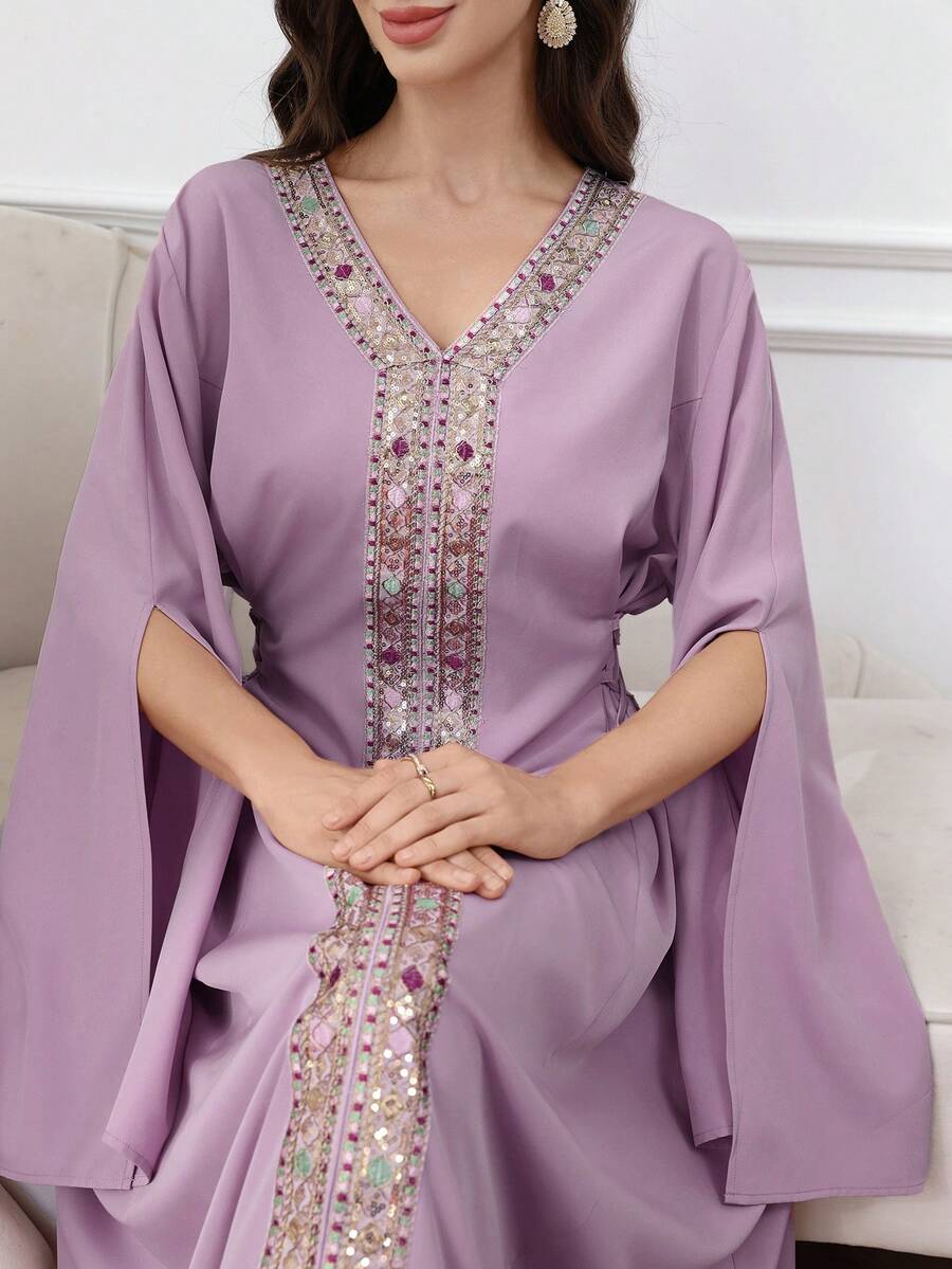 Al Najma Đầm nữ đính sequin, tay xẻ tà, kiểu dáng Ả Rập thanh lịch. - Màu tím - Xem 1