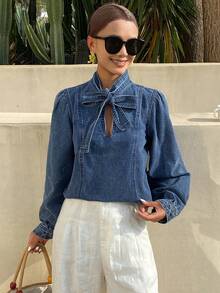 DAZY Women's Tie Collar Long Sleeve Casual Denim Blouse - Blue - View 3
