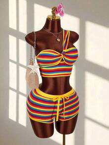 Amplova Women's Striped Twist Knot Sleeveless Top And Shorts 2 Pieces Set, Vacation - Multicolor - View 9