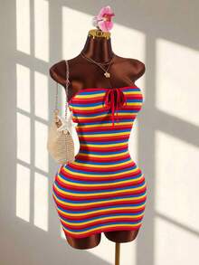 Bohemian Style Textured Fabric Cutout Bust Tie-Up Bodycon Mini Dress - Multicolor - View 5