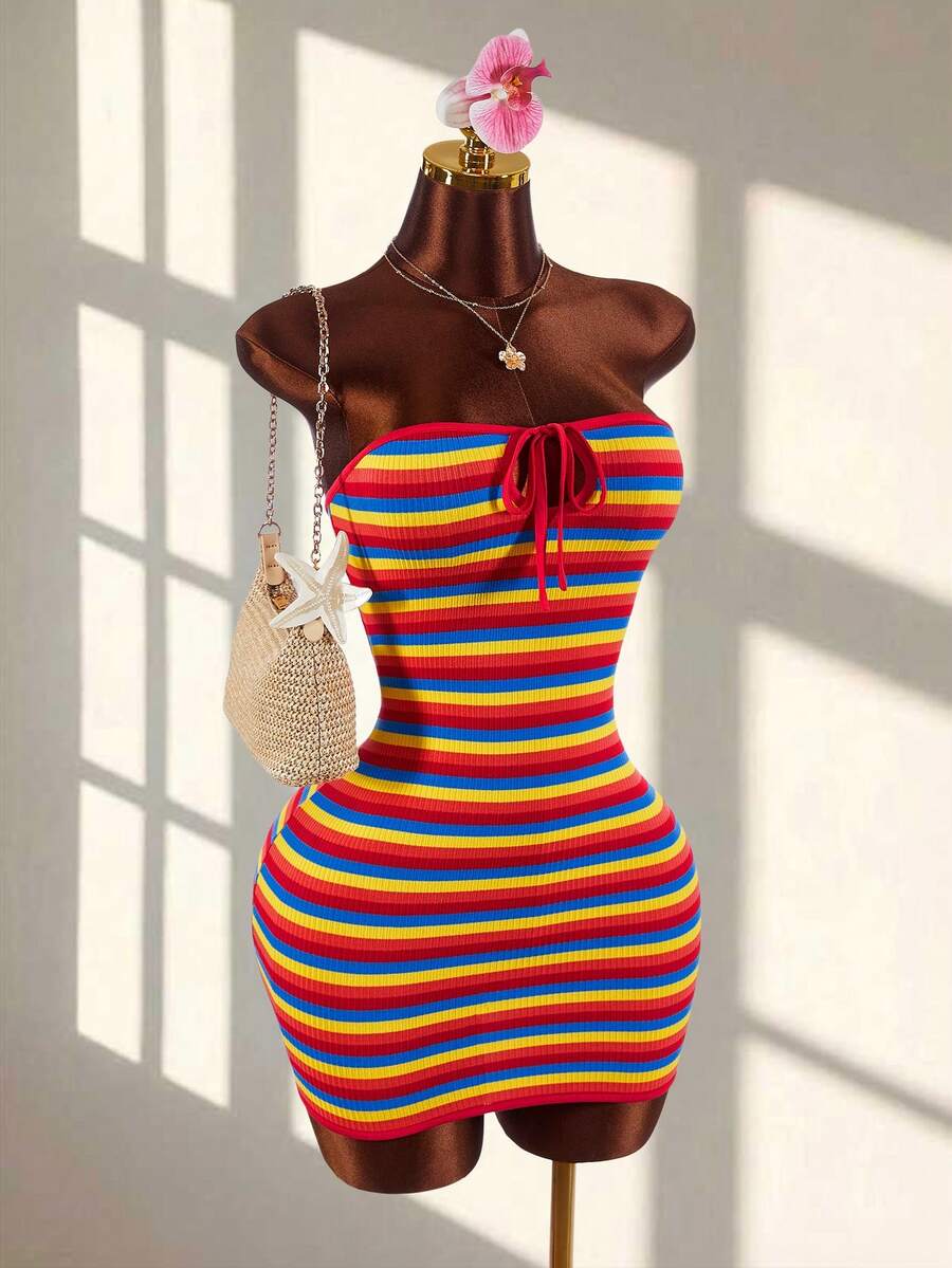 Bohemian Style Textured Fabric Cutout Bust Tie-Up Bodycon Mini Dress - Multicolor - View 1