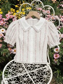 SHEIN MOD 大码夏季蕾丝花卉拼接衬衫，泡泡设计乡村度假风，少女时尚 - 彩色 - 查看 10