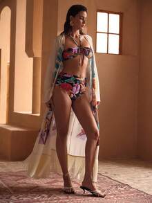 MOTF PREMIUM Áo khoác ngoài kimono họa tiết lá cọ và vẹt rừng mưa nhiệt đới đầy màu sắc, kiểu dáng mở phía trước, tay áo loe rộng, trang trí tua rua, thích hợp cho kỳ nghỉ. - Nhiều màu - Xem 5