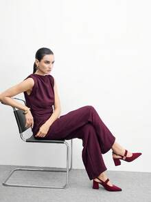 CUCCOO BIZCHIC 女士时尚高跟鞋，搭扣粗跟PU材质，四季通用，通勤优雅百搭，适合节日、度假、办公、户外、日常穿着。 - 波爾多紅 - 查看 2