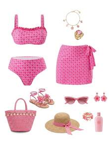 Swim Oasis 3pcs Women's Swimwear Set For Summer, Floral Print Ruffled Strap Top Paired With Wrap Tie Skirt, Beach Holiday Outfit - Pink - View 1