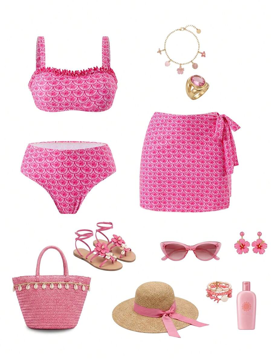 Swim Oasis 3pcs Women's Swimwear Set For Summer, Floral Print Ruffled Strap Top Paired With Wrap Tie Skirt, Beach Holiday Outfit - Pink - View 1