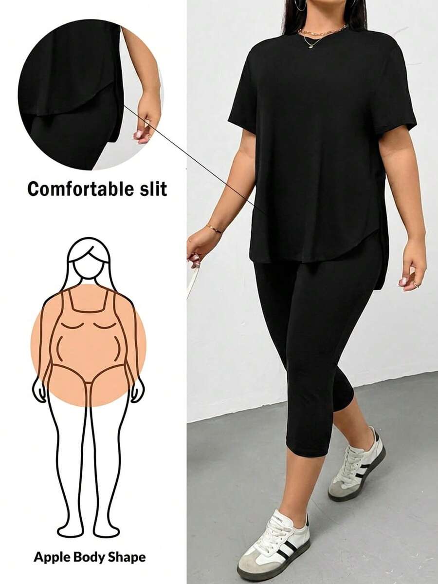 Shapeblank 大码女装春夏时尚休闲宽松舒适日常百搭显瘦黑色宽松短袖上衣和七分紧身裤两件套，简约风格，机场穿搭，欧洲夏季