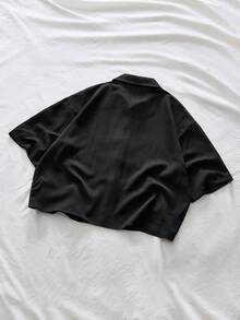 Manfinity RebelGame Men's Contrast Color Button Casual Versatile Black Short Sleeve Shirt - Black - View 3