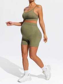 SHEIN Set sportivo casual di reggiseno e pantaloncini tinta unita da maternità - Verde Oliva - Visualizzare 11