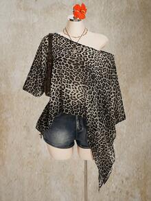 SHEIN ICON Plus Size Women Leopard Print Oblique Shoulder Casual Versatile Daily Wear Top - Grey - View 7
