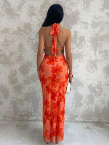Allurite Vestido vintage sexy naranja con diseño de atar al cuello y decoración de conchas, espalda descubierta, adecuado para vacaciones en la isla, citas, festivales de música, vacaciones de verano, uso diario - Patrón floral cortado al azar - Naranja - Ver 2