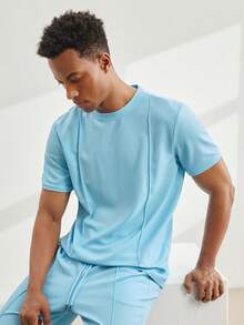 Driftmere Conjunto casual de verano de dos piezas para hombre, unicolor, cuello redondo, manga corta, chándal de verano azul bebé, conjunto coordinado para hombre, guía de regalos para el Día del Padre - Celeste - Ver 4