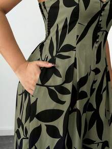 Elenzga Bộ jumpsuit nữ cỡ lớn thanh lịch in hoa, dây đeo có thể điều chỉnh, eo thắt, thích hợp cho đầu mùa xuân. - Màu xanh lá cây đậm - Xem 3