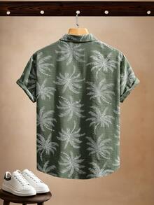 VENTUSAIL Men's Casual Boho Vacation Style Short Sleeve Shirt, Faux Embroidery Holiday Holiday Vacation Green Floral Summer - Army Green - View 2