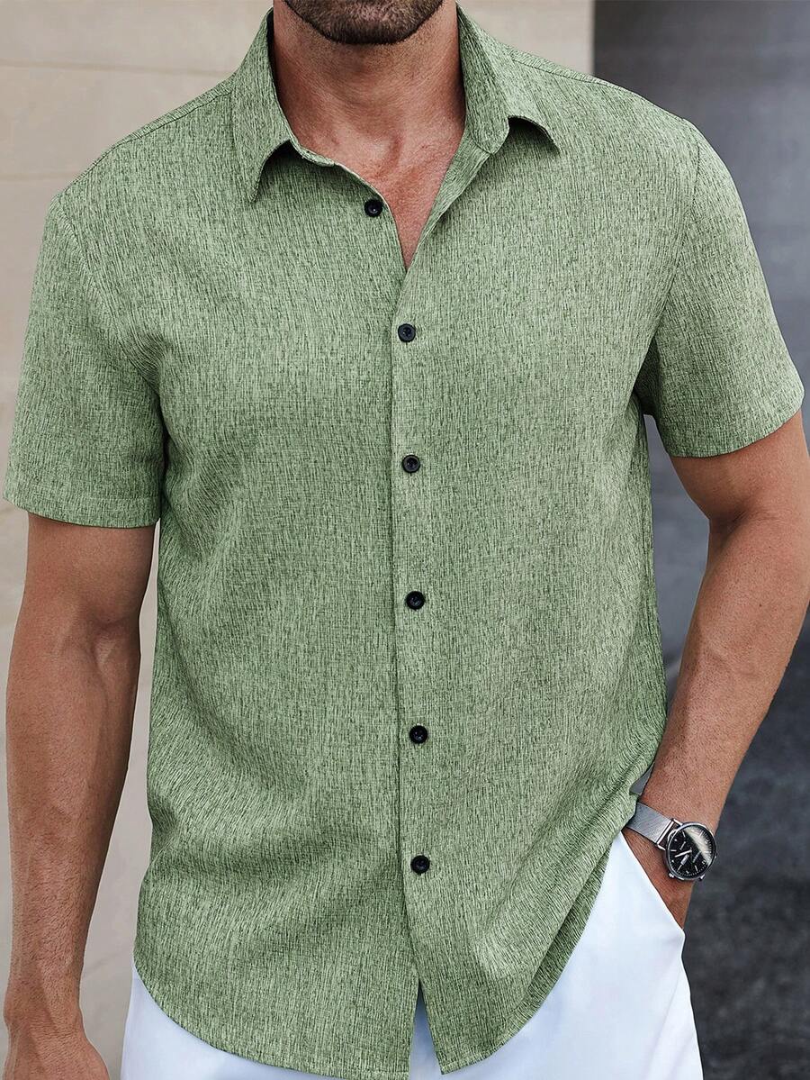 Manfinity Homme Manfinity CasualCool 男士亚麻条纹短袖衬衫，适合夏季日常通勤 - 綠色 - 查看 1
