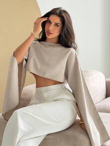 DAZY Women's Solid Color Cropped Open Slit Long Sleeve Casual Vacation Summer Pullover Shirt - Grey - View 1