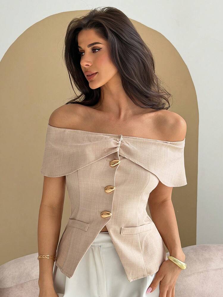 Women's Solid Color Fitted Off-Shoulder Ruffle Trim Short Sleeve Elegant Summer Blouse