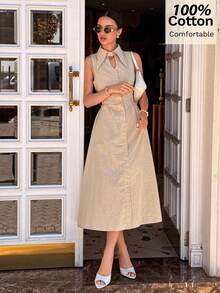 Siren Gaze Đầm hở lưng, thắt eo, 100% cotton dành cho nữ, thích hợp cho mùa xuân/hè. - Màu be - Xem 5