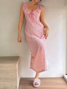 Dream Adore Women's Knitted Jacquard Ruffle V-Neck Sleeveless Nightgown, Pink - Pink - View 3
