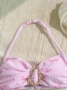 SHEIN 少女夏季海滩度假蝴蝶结条纹荷叶边挂脖泳衣套装，比基尼套装，夏季海滩比基尼套装，女童比基尼套装，粉色蝴蝶结比基尼，女童泳装，粉色条纹比基尼，粉色条纹比基尼，粉色泳装套装 - 粉色 - 查看 7