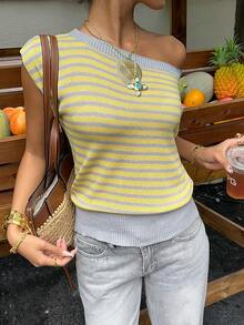 SHEIN EZwear Áo len nữ cổ lệch, kẻ sọc, kiểu dáng thường ngày. - Nhiều màu - Xem 5
