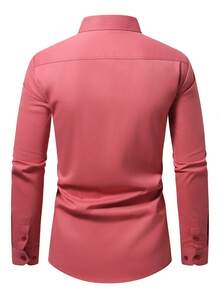 Manfinity Mode Men's Solid Color Patch Pocket Front Button Casual Long Sleeve Formal Shirt, Ceremony - Hot Pink - View 2