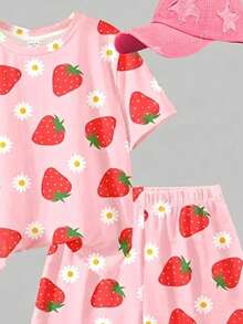 SHEIN Cream Pink, Sweet Girl Strawberry Flower Pattern, Young Girl Casual Comfortable Round Neck Short Sleeve T-Shirt And Shorts Set, 2pcs, Suitable For Spring/Summer Daily, Holiday, Festival, Outing, Spring Vibes, Summer Vibes, Spring & Summer Outfits Easy Comfort, Stylish Girl Set, Casual Wear, Kids Strawberry & Flower Graphic Clothes, Spring & Summer Set, New Style, Chill Chill, Chill Summer Vacation, Girly Style - Multicolor - View 6